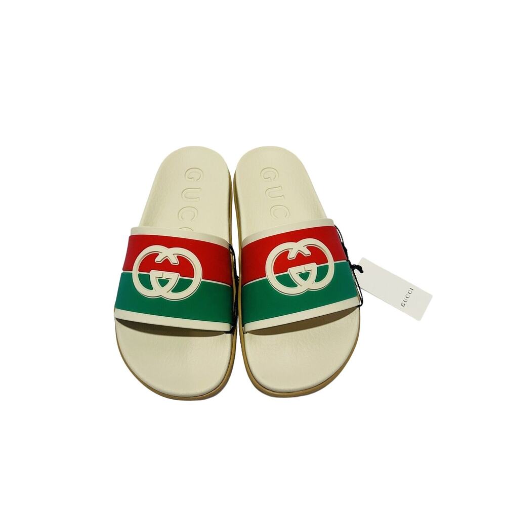 NIB Gucci Interlocking G Logo Rubber Slide EU 37 US 7 Ivory Green Red